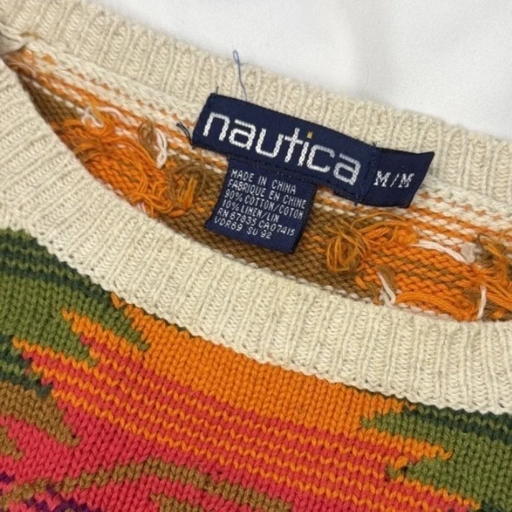 90s Vintage Nautica Aztec Southwestern‎ Sweater Medium Cotton Knit Cabin Core